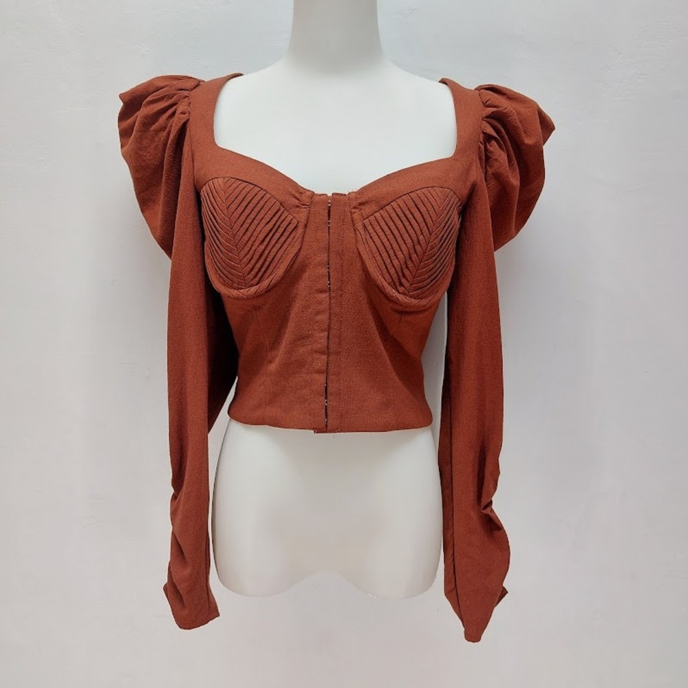 ASTR The Label Corset Top Women's S Brown Romantic Rust Puff Sleeve Open Back